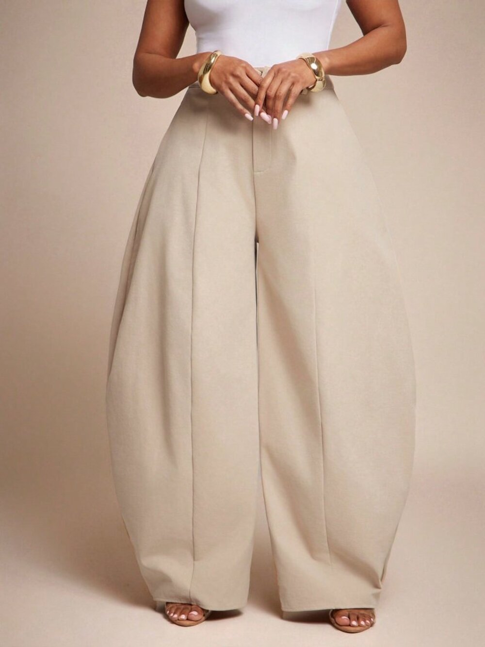 Apricot Elegant Women's Seam Detail High Waist Barrel Leg Office Pants - Picture 4 of 5